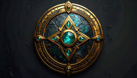 A close-up depiction of a decorative, circular, ornate emblem with gold and teal accents, set against a dark textured backdropの素材