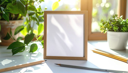 A square, blank frame stands on a sunlit surface with plants and pencils, evoking a workspace ambianceの素材