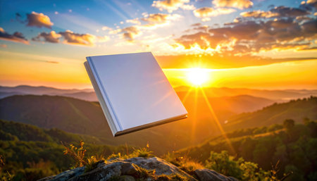 A blank book floats against a bright, sunny mountain scene at sunset, with golden light and hazy hillsの素材