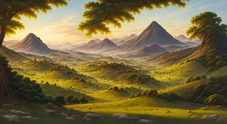 Fantasy landscape with mountains and trees. Digital art painting illustration.の素材