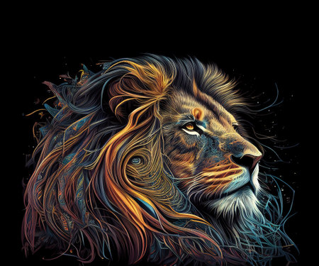 Lion head with colorful feathers. Illustration on black background.の素材