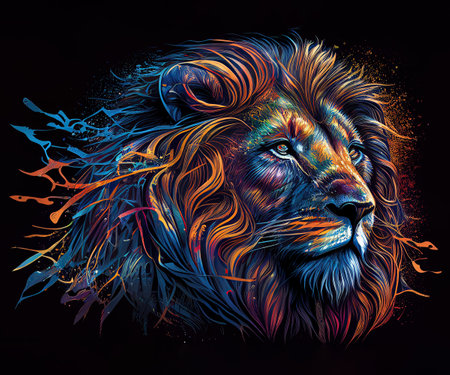 Lion head with colorful splashes on black background vector illustration.の素材