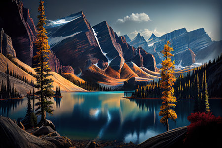 Beautiful natural lake scenery illustration backgroundの素材