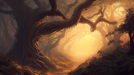 Fantasy enchanted forest landscape background wallpaperの素材