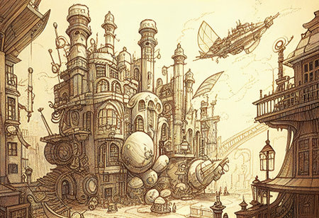 Digital Sketch illustration of the Steampunk cityの素材