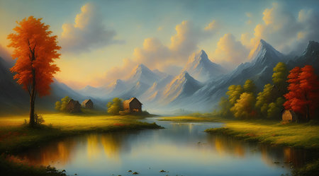 Beautiful autumn landscape with a lake and mountains. Digital painting.の素材