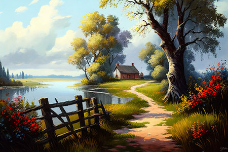 Autumn landscape with lake and old wooden house. Digital painting.の素材