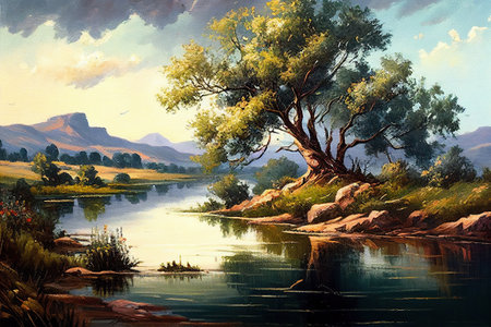 Digital painting of a landscape with a lake and a tree in the foregroundの素材