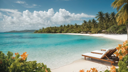 Paradise beach with chaise lounges and palm treesの素材
