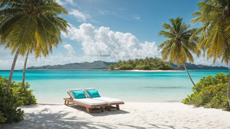 Beach with palm trees and sun loungers landscape viewの素材