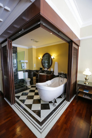 MALACCA, MALAYSIA - MARCH 23, 2017 : Bathroom interior of The Majestic Malacca Hotel. Malacca historical city centre has been listed as a UNESCO World Heritage Site.のeditorial素材