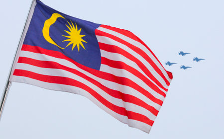 KUALA LUMPUR, MALAYSIA - AUGUST 29, 2016 : Malaysia flag also known as Jalur Gemilang during full dress rehearsal of Independence Day celebration or Merdeka Day at Merdeka Square.のeditorial素材