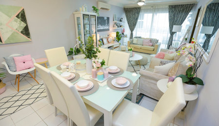 KUALA LUMPUR, MALAYSIA - MARCH 30, 2017 : Beautiful decoration home interior. Dining table.のeditorial素材