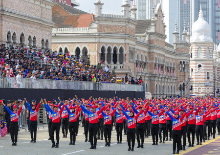KUALA LUMPUR, MALAYSIA - AUGUST 31, 2016 : Performers wearing Malaysia flag patterned shirt also known as Jalur Gemilang during Independence Day celebration or Merdeka Day at Merdeka Square.のeditorial素材