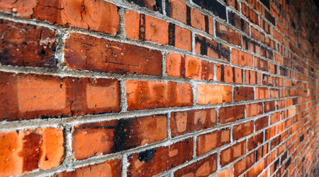 Perspective, side view of old red brick wall texture background.のeditorial素材