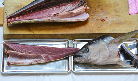 Fresh Tuna fish cut by professional Japanese chef. Tuna can be a good source of omega - 3 fatty acids.の写真素材