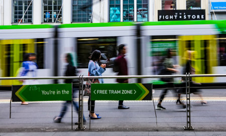 MELBOURNE, AUSTRALIA - MARCH 15, 2018 : Tram in Melbourne city center. Melbourne has the largest...