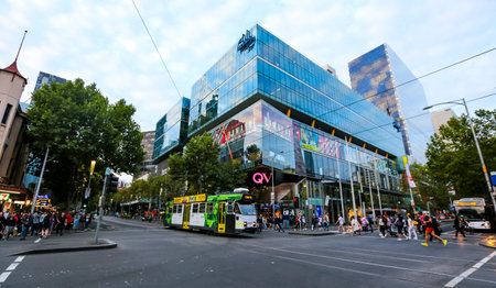 MELBOURNE, AUSTRALIA - MARCH 15, 2018 : Tram in Melbourne city center. Melbourne has the largest urban tramway network in the world. One of tourist attraction.のeditorial素材