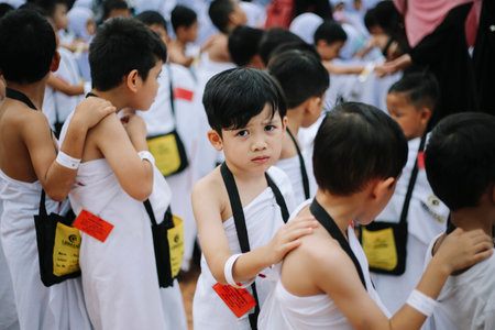 KUALA LUMPUR, MALAYSIA - JULY 12, 2018 : Muslim kids during an educational simulation of the Hajj pilgrimage. Little Hajjのeditorial素材