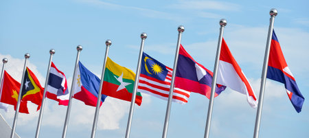 View of national flags of Southeast Asia countries; Brunei Darussalam, Myanmar / Burma, Cambodia, Indonesia, Laos, Malaysia, Philippines, Singapore, Thailand, Vietnam, East Timor.のeditorial素材