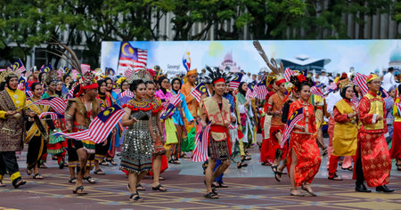 PUTRAJAYA, MALAYSIA - AUGUST 31, 2018 : Participant waving Jalur Gemilang flag during National Day celebration parade in Putrajaya. Celebrating the 61th anniversary of independence or Merdeka Day.のeditorial素材