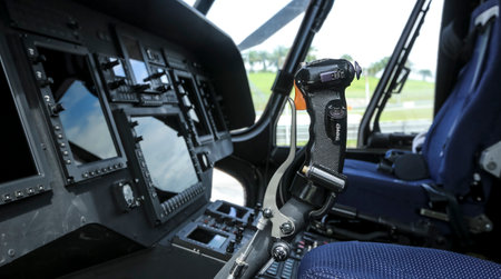 SEPANG, MALAYSIA - DECEMBER 03, 2018 : Helicopter flight controls. Interior of Russian Helicopter, Mi-171A2 is an advanced medium multirole helicopter.のeditorial素材