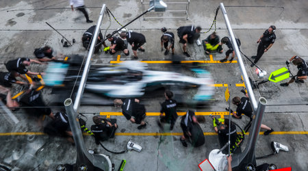 SEPANG, MALAYSIA - SEPTEMBER 28, 2017 : Team members of Mercedes British driver Lewis Hamilton...