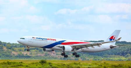 SEPANG, MALAYSIA - FEBRUARY 08, 2019 : Malaysia Airlines (MAS) aircraft. Malaysia Airlines Berhad operates scheduled domestic and international flights to more than 1000 destinations and 150 countriesのeditorial素材