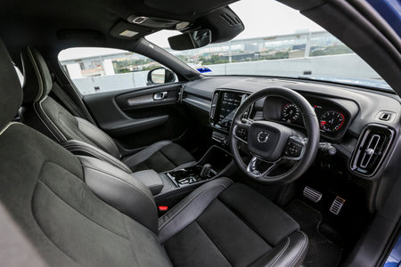 KUALA LUMPUR, MALAYSIA - MARCH 22, 2019 : View of steering wheel and control button from driver seat...