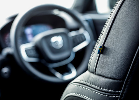 KUALA LUMPUR, MALAYSIA - MARCH 22, 2019 : View of swedish logo and steering wheel from driver seat &...