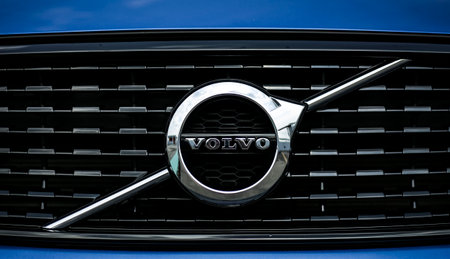 KUALA LUMPUR, MALAYSIA - MARCH 22, 2019 : Logo of Volvo cars. VOLVO, is a Swedish luxury vehicles company and is a subsidiary of the Chinese automotive company Geely.のeditorial素材