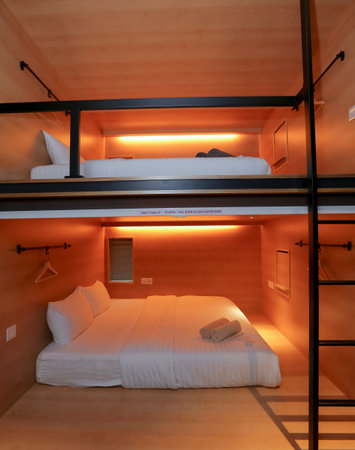 KUALA LUMPUR, MALAYSIA - OCTOBER 12, 2017 : Capsule bedroom, bed in box  or pod. Small simple bedroom interior design with modern and luxury style.のeditorial素材