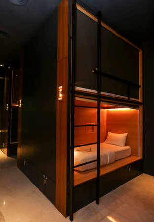 KUALA LUMPUR, MALAYSIA - OCTOBER 12, 2017 : Capsule bedroom, bed in box  or pod. Small simple...