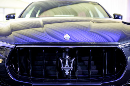 KUALA LUMPUR, MALAYSIA - NOVEMBER 24, 2017 : Logo of Maserati on Maserati Levante S GranLusso Sport Utility Vehicle (SUV).のeditorial素材