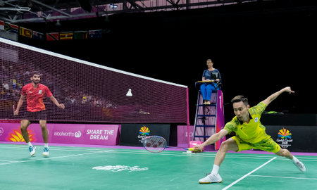 GOLD COAST, AUSTRALIA - APRIL 15, 2018 : Lee Chong Wei of Malaysia competes against Srikanth Kidambi of India during the men's singles final match Gold Coast 2018 Commonwealth Games at Carrara.のeditorial素材