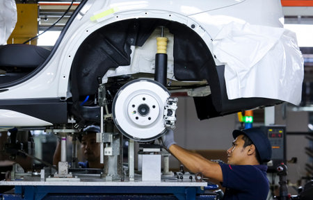 KEDAH, MALAYSIA - JULY 04, 2019 : Workers assembles cars at automobile assembly line production plant. Catering for both the domestic and export markets industry. Automotive & technology.のeditorial素材