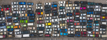 KUALA LUMPUR, MALAYSIA - SEPTEMBER 27, 2019 : Top view of unuse, unclaim, old damaged cars and other vehicle at junkyard waiting for recycling. Industrial scrap and transportation.のeditorial素材