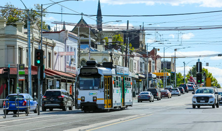MELBOURNE, AUSTRALIA - MARCH 19, 2018 : The famous Melbourne Tram in city center. Melbourne has the largest urban tramway network in the world. One of tourist attraction.のeditorial素材