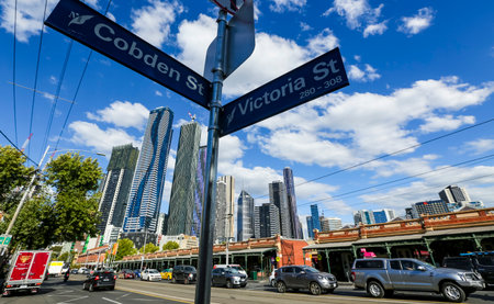 MELBOURNE, AUSTRALIA - MARCH 19, 2018 : View of Melbourne city center near to tourist attraction, Queen Victoria Market.のeditorial素材