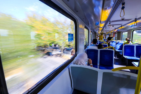 MELBOURNE, AUSTRALIA - MARCH 16, 2018 : View inside of moving Metro Trains Melbourne.