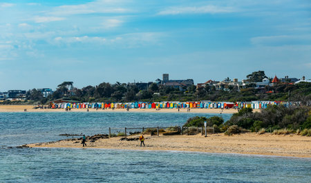 MELBOURNE, AUSTRALIA - MARCH 16, 2018 : A Melbourne iconic place for tourist, colourful bathing boxes at Brighton Beach.のeditorial素材