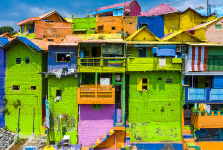 MALANG, INDONESIA - NOVEMBER 29, 2019 : The colorful houses of Kampung Warna Warni in Jodipan. Popular place to visit for city tour on holidays. Travel destination in East Java.のeditorial素材