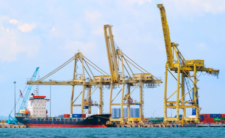 PENANG, MALAYSIA - FEBRUARY 15, 2020 : Ships loading containers by cranes at North Butterworth Container Terminal. Port of Penang is the main harbour and transshipment hub of northern Malaysia.のeditorial素材