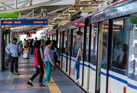 KUALA LUMPUR, MALAYSIA - FEBRUARY 21, 2020 : Malaysia Light Railway Transit (LRT) train operated by Rapid Rail or RapidKL. People commute with LRT as transportation to work, travel and shopping.のeditorial素材