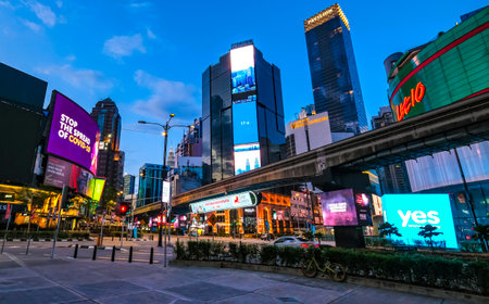 KUALA LUMPUR, MALAYSIA - MARCH 25, 2020: A night view of almost empty Bukit Bintang area as the government imposed a Movement Control Order (MCO) nationwide to combat the COVID-19 outbreak.のeditorial素材