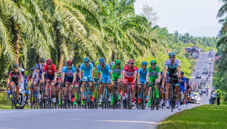 KEDAH, MALAYSIA - FEBRUARY 25, 2016: Riders compete during Le Tour de Langkawi (LTDL) 2016. LTDL is a multiple-stage bicycle race held in Malaysia.のeditorial素材