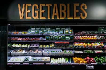 KUALA LUMPUR, MALAYSIA - MAY 04, 2020: Variety of fresh vegetables and fruits on the shelf in a...
