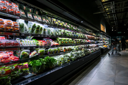 KUALA LUMPUR, MALAYSIA - MAY 04, 2020: Variety of fresh vegetables and fruits on the shelf in a grocery store supermarket. Vegetables for health diet benefits.のeditorial素材