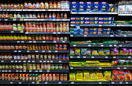 KUALA LUMPUR, MALAYSIA - MAY 04, 2020: Variety of pasta, spaghetti, macaroni, pasta sauce on the shelf in a grocery store. Pasta is an Italian type of food.のeditorial素材