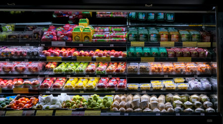 KUALA LUMPUR, MALAYSIA - MAY 04, 2020: Variety of fresh fruits on the shelf in a grocery store supermarket. Fruit for health diet benefits.のeditorial素材
